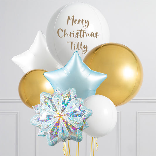Personalised Helium Balloon White, Blue and Gold - Metallic Christmas Balloons with Customizable Sticker, Starry Snow-Themed