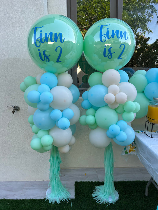 Personalised Bobo Balloon with Blue, Mint Green and Sand White with Customizable Sticker, and Tassel Accents Pillar/Column/Tower – Perfect for Any Elegant Celebrations