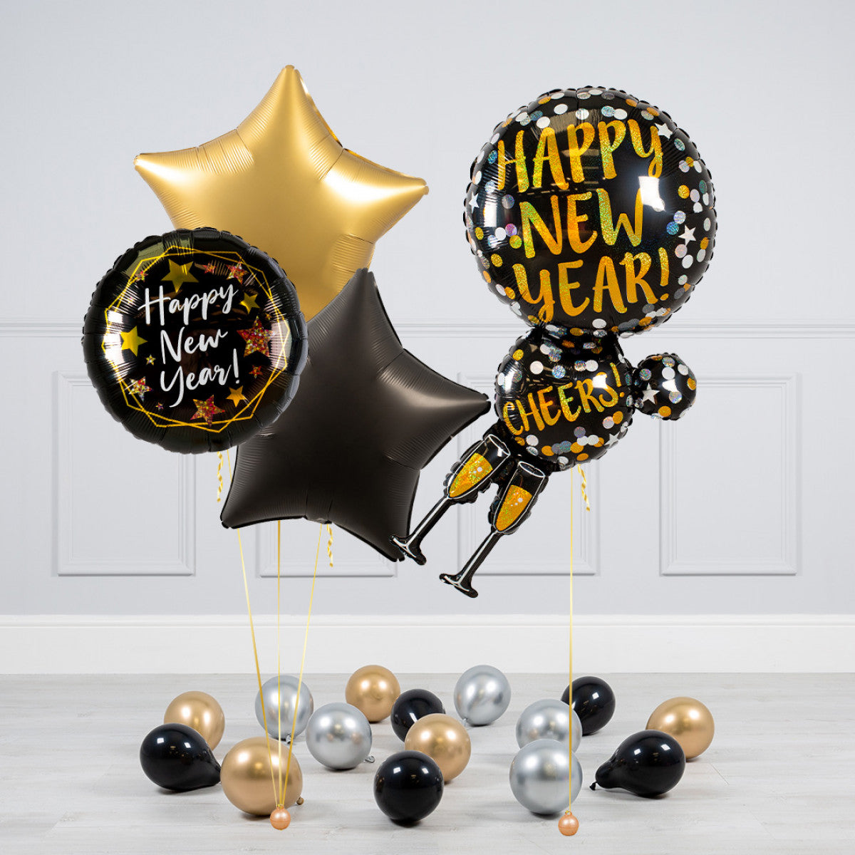 Black and Gold New Year's Eve Balloon Set - Star and Circle Balloons, and 'Happy New Year' Designs with Mini Balloons