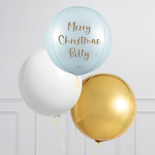 Personalised Helium Balloon Blue, White and Gold - Metallic Christmas Balloons with Customizable Sticker