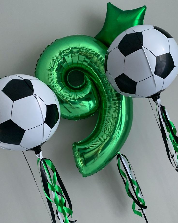 Helium Balloon Single Number Set of Green Number ‘9’ Balloon with Star Foil and Soccer Ball with Ribbons - Sports-Themed, Football-Themed, Soccer-Themed Perfect for any Occasions