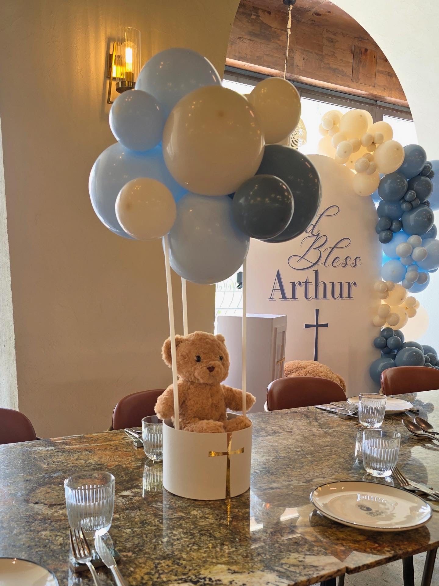 Customizable Board Backdrop with Cake Stand, Balloons Beige and Blue with 4pcs Teddy Bear Centerpiece - Christening, Perfect for special occasion