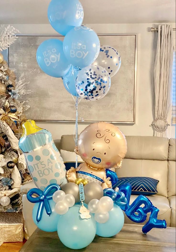 Platform Baby Boy with 'It's a boy' Bottle with Blue 'Baby' Banner and Helium Balloon Blue 'It's a boy' and Clear with Confetti - Baby Shower, Gender Reveal Perfect for Special Occasions!