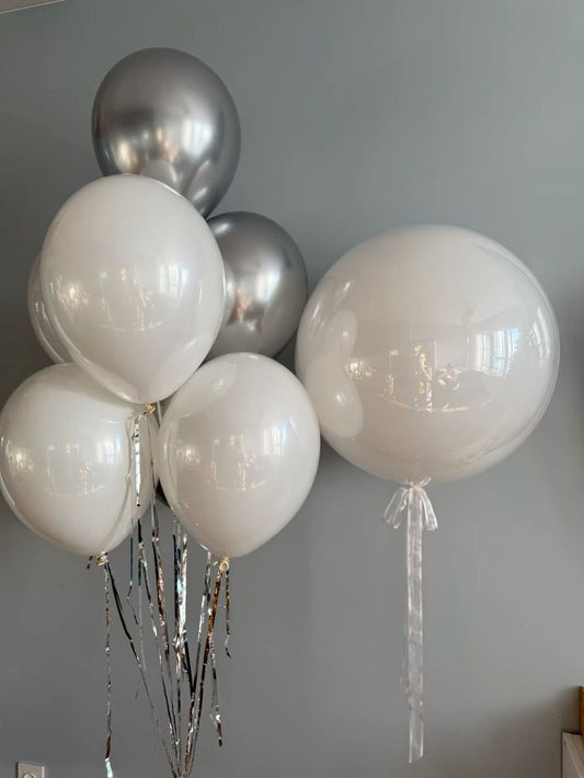 Helium Balloons Clear with Sand White Latex, Ribbons and Latex Bunch Sand White and Silver with Tassels - Perfect for any Occasions