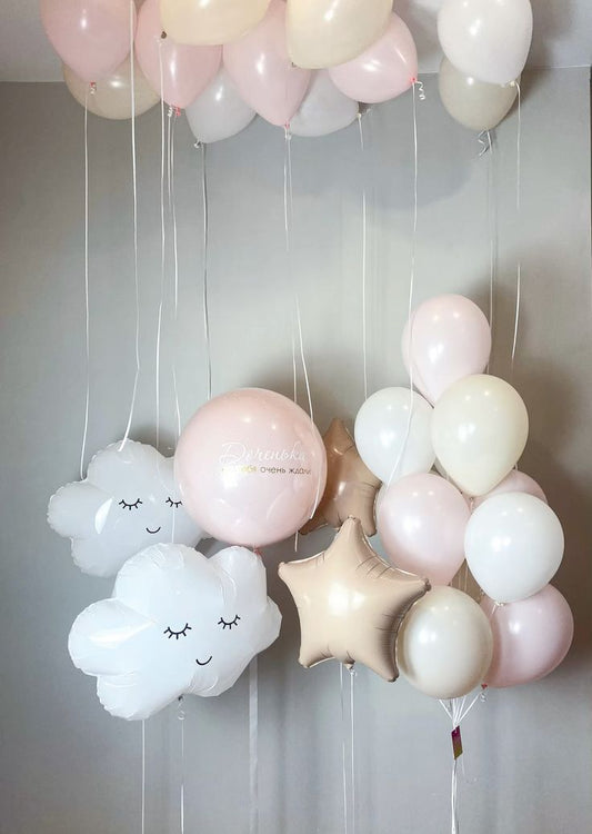 Personalised Clear with Pink Latex and Customize Sticker, Latex White, Pink and Beige Helium, White Cloud and Beige Star Foil Helium Balloon - Baby Shower, Perfect for special occasions!