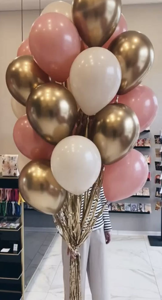 Latex Helium Bunch Pink, White and Light Gold with Gold Strings - Perfect for Special Occasions!