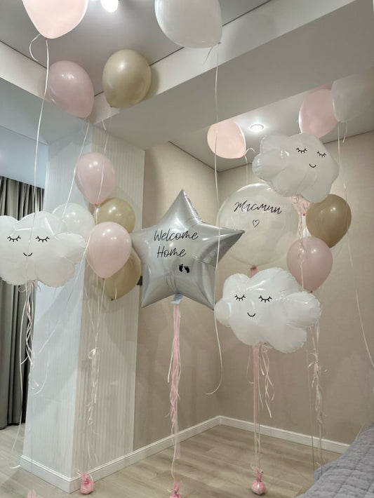 Personalised Clear with White Latex and Customize Sticker, Latex Dust White, Pink and White Helium Bunch, White Cloud and Silver Star with Customize Sticker Foil Helium Balloon - Baby Shower, Perfect for special occasions!