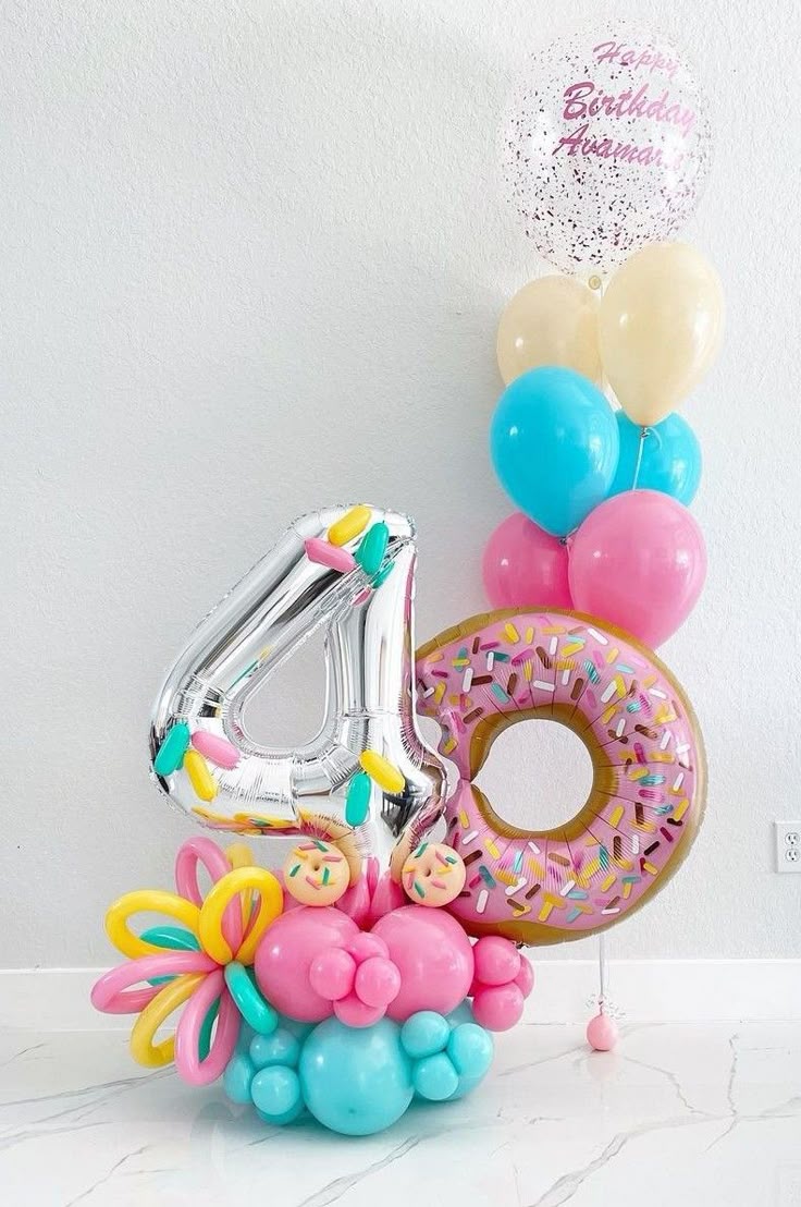 Balloon on Stand Silver Numbers '4' with Latex Pink, Yellow, Teal and Donut accents and Personalised Clear with Confetti, Customize Sticker and Helium Latex Bunch - Customizable Design