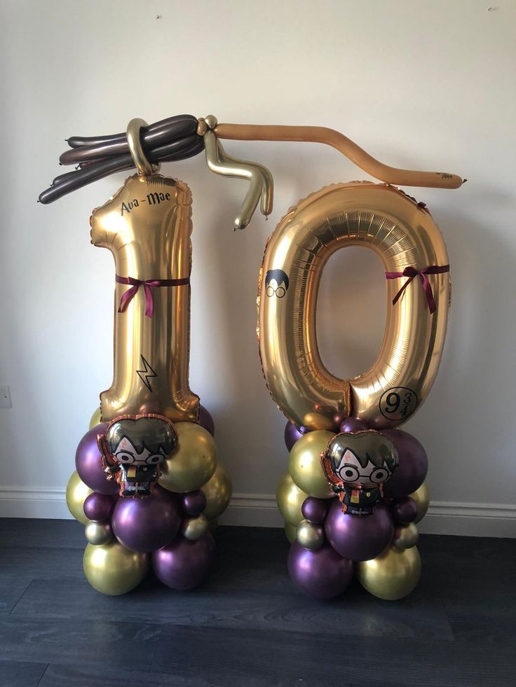 Platform Number Set of Gold Number ‘10’ Balloon Harry Potter Character Witch Hat and Gold Star with Customize Sticker Black Gold Shiny Purple