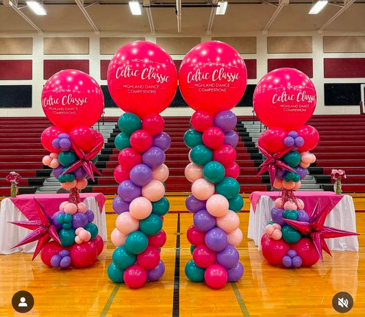 Personalised Company Logo Sticker Balloon Pink, Purple and Green with Starburst and Tassels accents Pillar/Column/Tower - Corporate Event, Grand Opening, Company Event Perfect for special occasion!