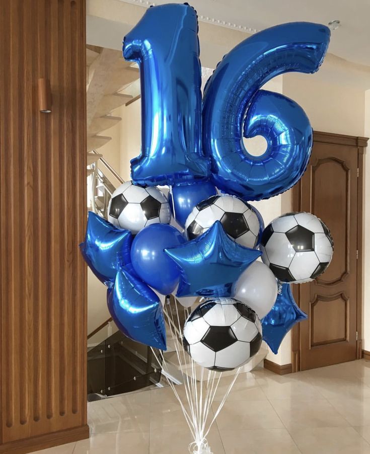 Helium Balloon Two Number Set of Blue Number ‘16’ Balloon with Star Foil, Soccer Ball, Blue, White Latex Helium Bunch - Sports-Themed, Football-Themed, Soccer-Themed Perfect for any Occasions