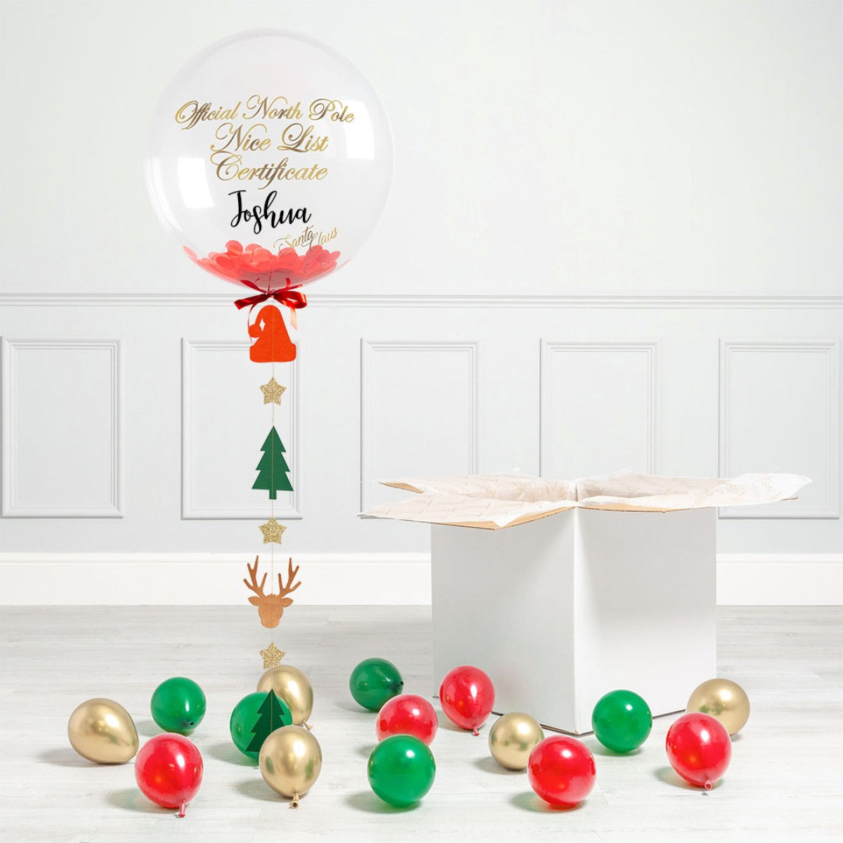 Clear with Confetti Personalised Helium Balloon and Mini Red, Green and Gold Balloons Christmas Official North Pole Customizable Sticker