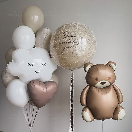 Personalised Clear with Beige Latex, White Foam and Customize Sticker, White Cloud and Latex Dust White, White and Brown Beige Heart Helium Balloon Bunch - Baby Shower, Perfect for special occasions!