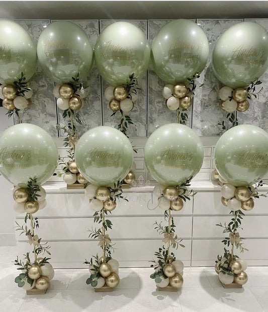 Personalised Clear Balloon with Green Latex and Balloon with Artificial Leaves Accents Pillar/Column/Tower – Perfect for any occasions