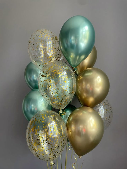 Latex Helium Bunch Chrome Green, Light Gold and Clear with Confetti Balloons with Gold Strings - Perfect for Special Occasions!