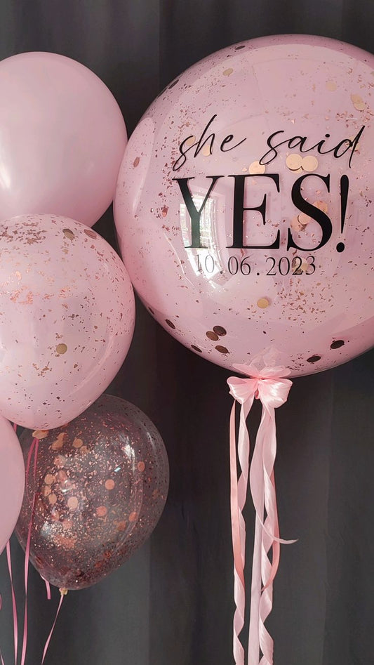Personalised Helium Balloons Clear with Pink Latex, Confetti, Gold Glitter, Ribbons and Customize Sticker and Latex Bunch Pink, Double Layered Pink with Glitter and Confetti, Clear with Confetti and Glitter  - Perfect for any Occasions