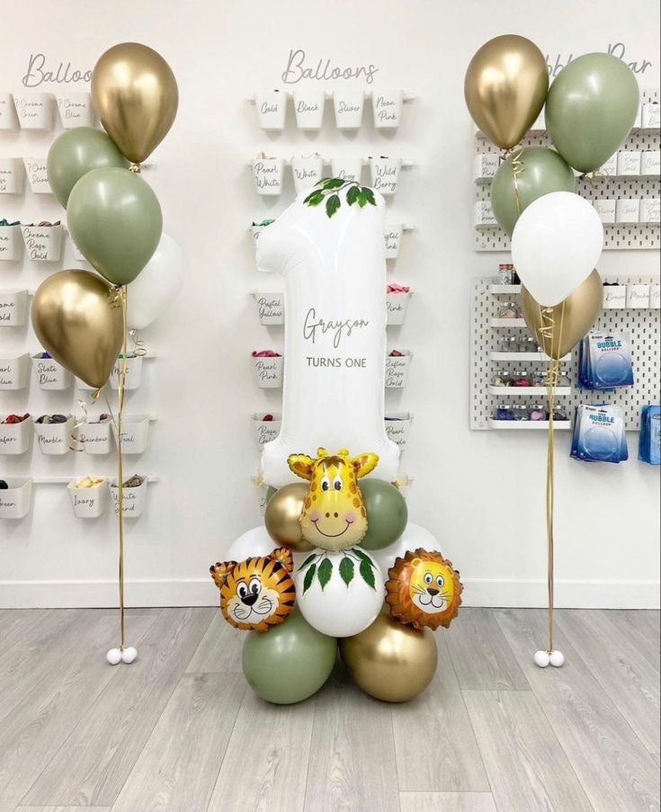 Safari Jungle Balloon Setup with Green, Light Gold and White Latex Bunch and Number Balloon on Stand with Mini Giraffe, Lion and Tiger Accents - Perfect for Kids Birthday & Wild Celebrations