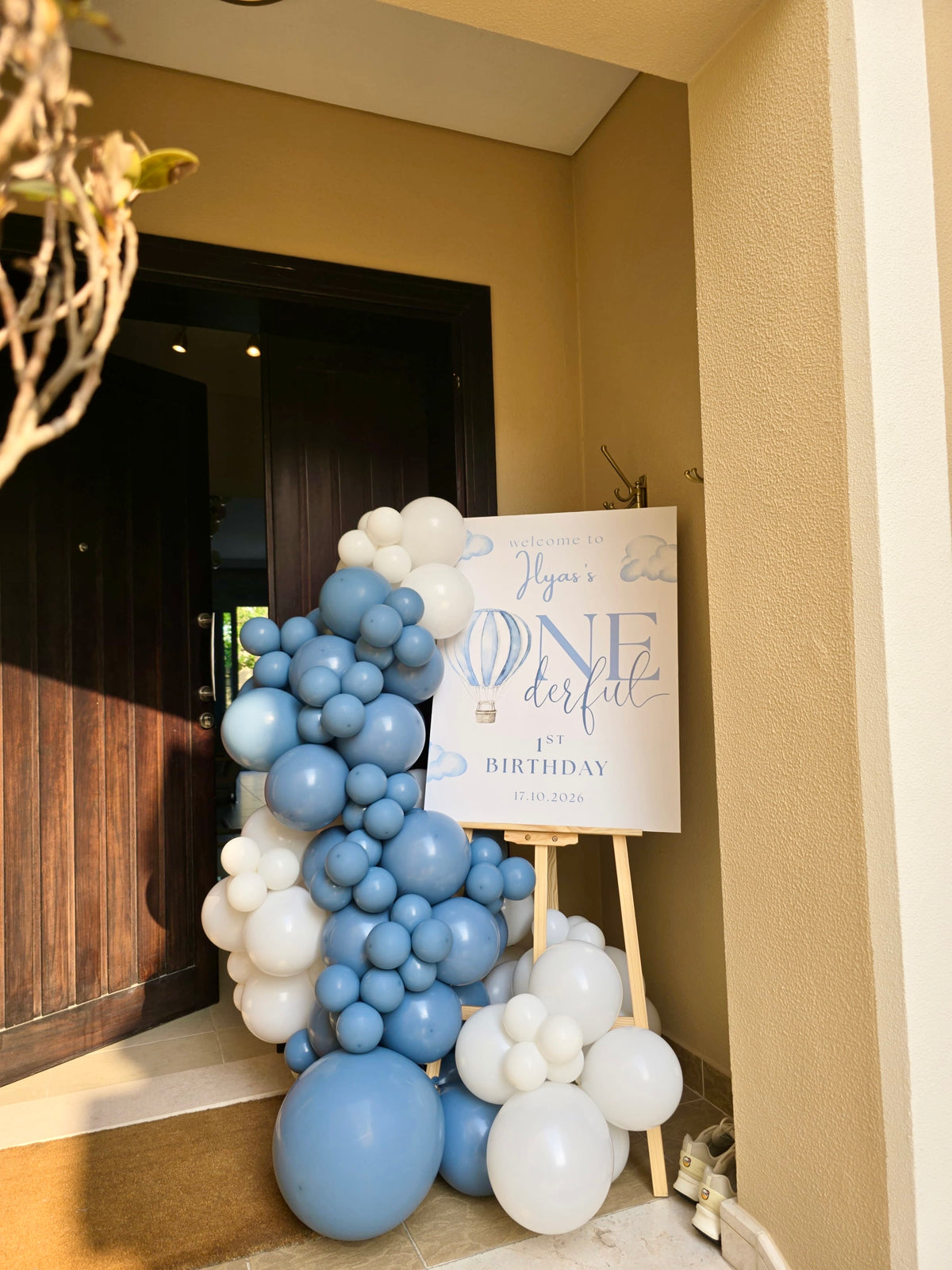 Customizable Board Design with Wooden Stand Welcome Board with Balloons Dusty Blue and White - ONEderful 1st Brithday Hot Air Balloon Theme