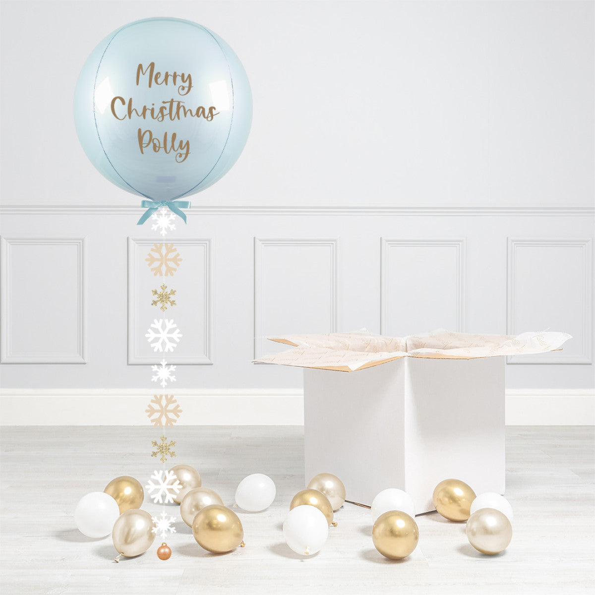 Blue Personalised Helium Balloon with Mini White, Gold and Silver Balloons - Perfect for Christmas Celebration with Customizable Sticker