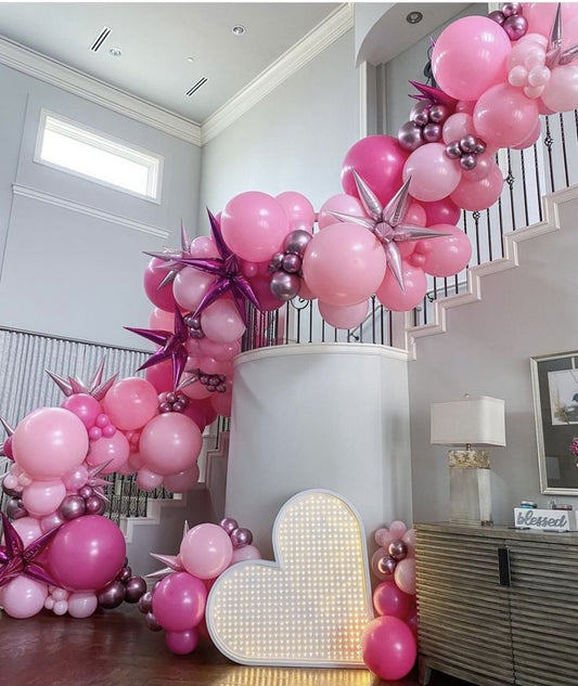 Organic Balloon Chain Stairs Attached Arrangement Different Shades of Pink with Starburst accents - Perfect for special occasion