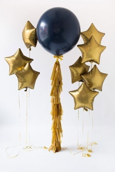 Helium Balloon Set of 36-inch Blue Latex with Layered Gold Tassels and Ribbon, Star Foil with Gold Strings - Perfect for any Occasions