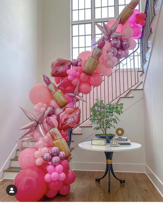 Organic Balloon Chain Stairs Attached Arrangement Different Shades of Pink with Starburst, Lips and Lipstick accents - Perfect for special occasion