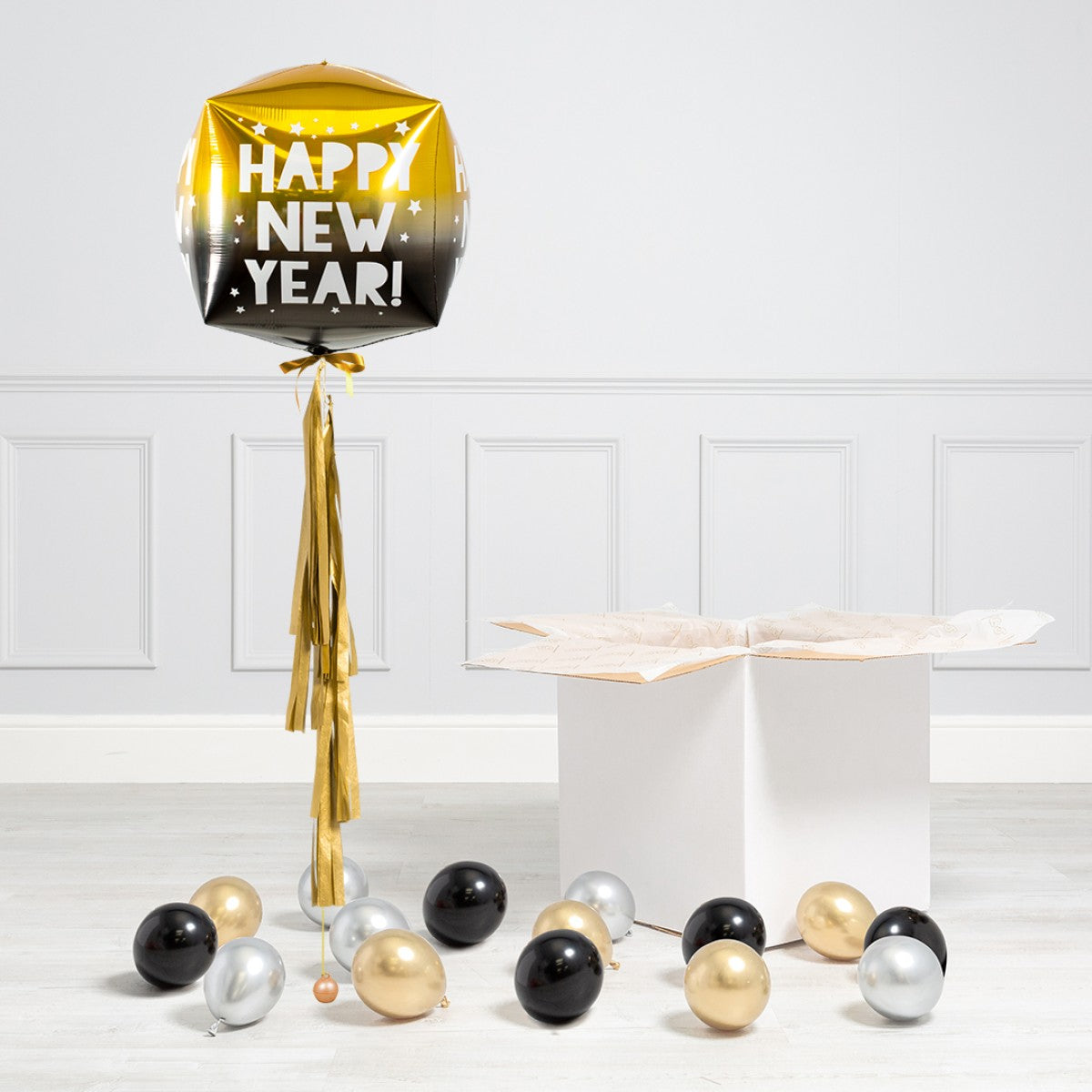 Black, Gold and Silver New Year's Eve Cube Balloon with Mini Helium Balloons
