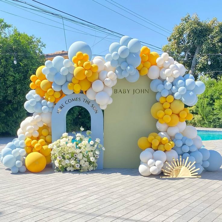 Customize Baby Shower Backdrop with Organic Arrangement Garland Balloon Blue, Yellow, White with Artificial Flower - Perfect for special occasion