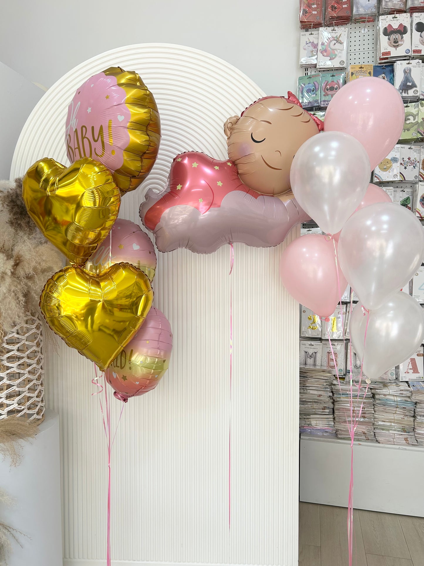 Helium Set Sleeping Baby Girl with ‘Oh Baby’ Gold Hearts Foil, Latex Pearl White Pink – Customizable Design Baby Shower Welcome Baby Girl
