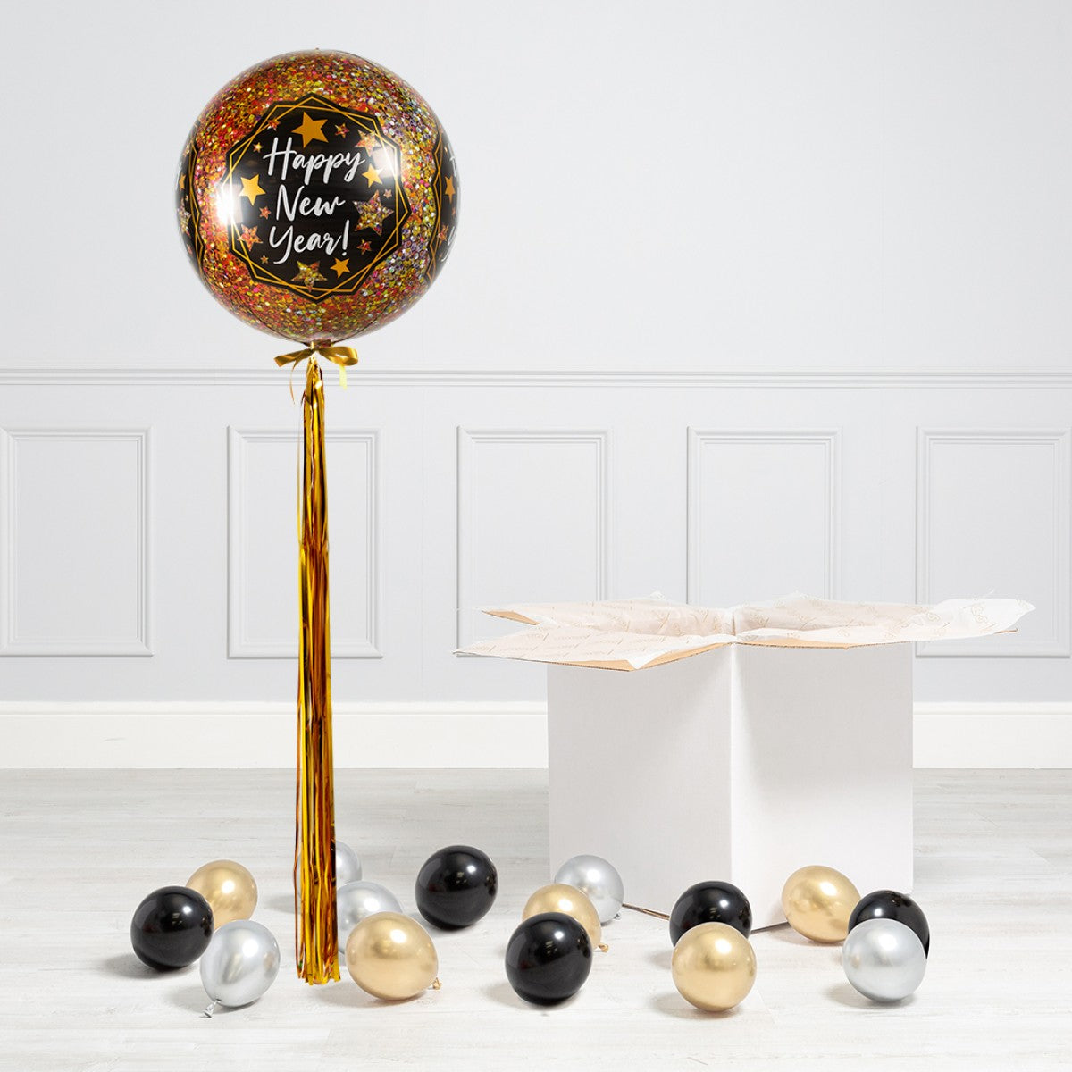 Black, Gold and Silver New Year's Eve Confetti Balloon with Mini Balloon Accents