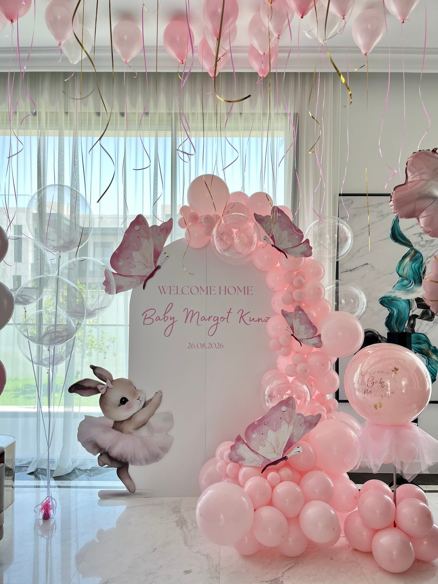 Customize Backdrop with Bunny Butterfly Balloons Pink Transparent Mini Personalised Helium Bunch Transparent & Ceiling Pink White- Perfect for Welcoming Baby Celebration!
