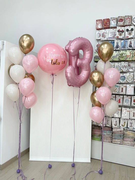 Personalised Helium Clear with Balloon Light Gold, Pink and White Latex Bunch, Pink ‘13’ Number Balloon with Customizable Stickers and Purple Ribbons - Perfect for any Occasions