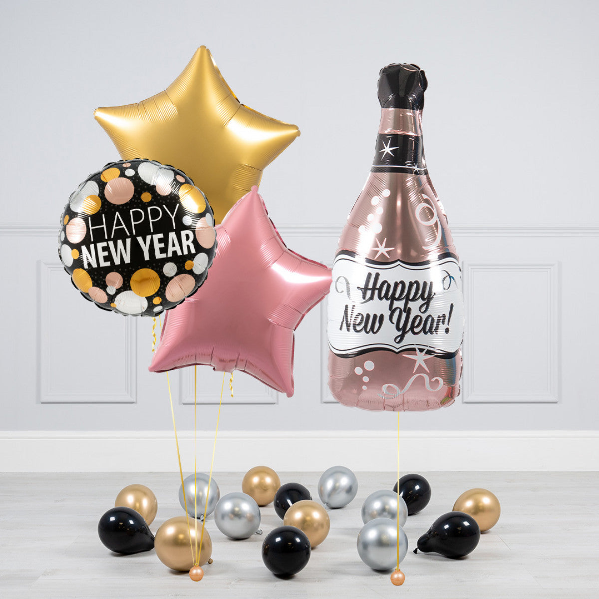 Rose Gold, Gold and Black New Year's Eve Balloon Set - Champagne Bottle, Star Balloons, and 'Happy New Year' Designs with Mini Balloons
