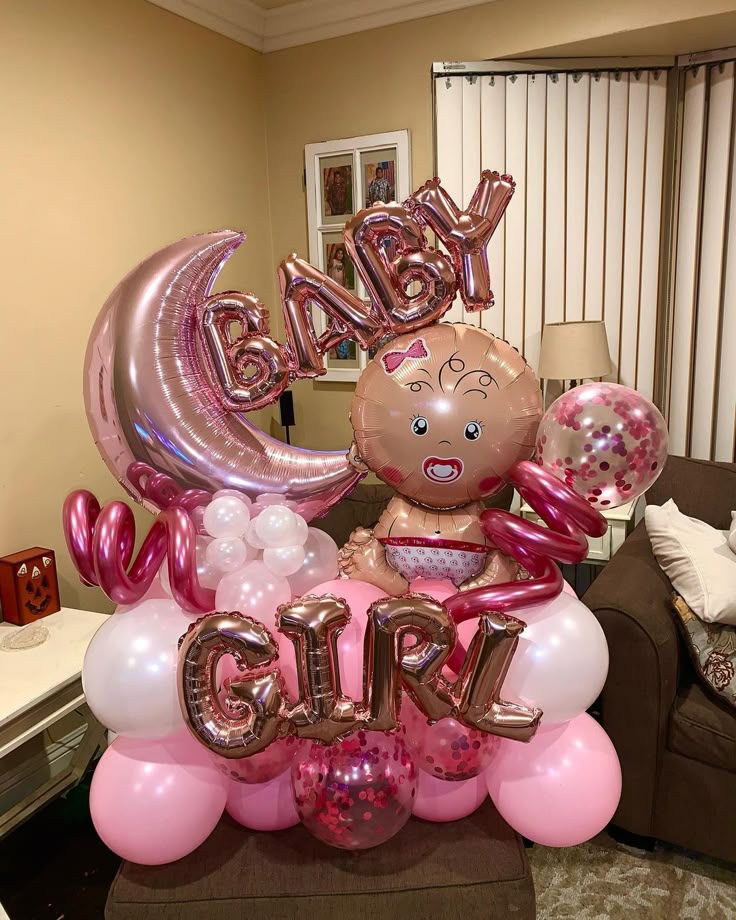 Platform Gender Reveal Celebration Balloons Pink, Pearl White and Letters, Baby Foil Balloons – Customizable Design