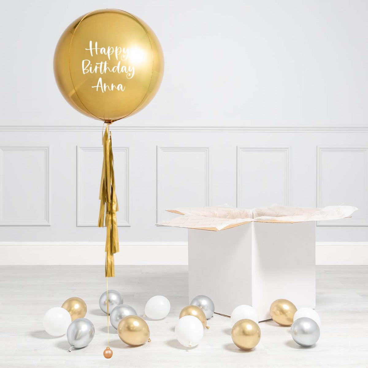 Gold Personalised Helium Balloon with Tassels and Mini White, Gold and Silver Balloons - Perfect for Christmas Celebration with Customizable Sticker