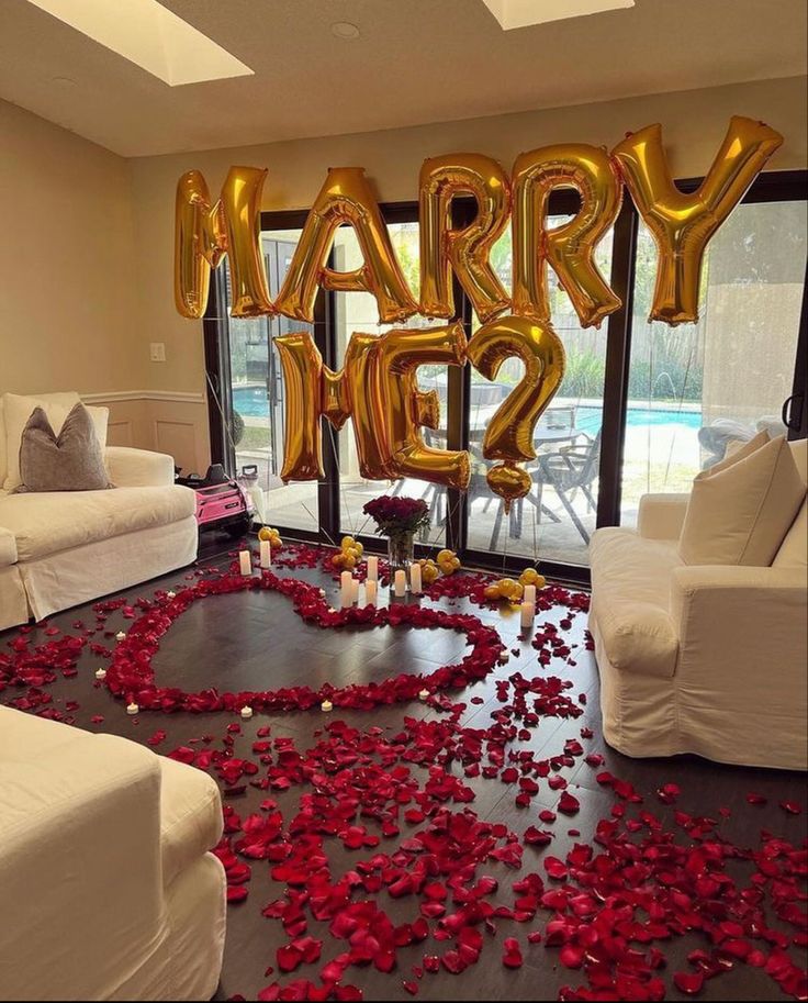 Artificial Flowers and Petals, Candles and Balloon Letters Helium Gold ' MARRY ME?' - Perfect for Proposal, Wedding, Anniversary special occasions!