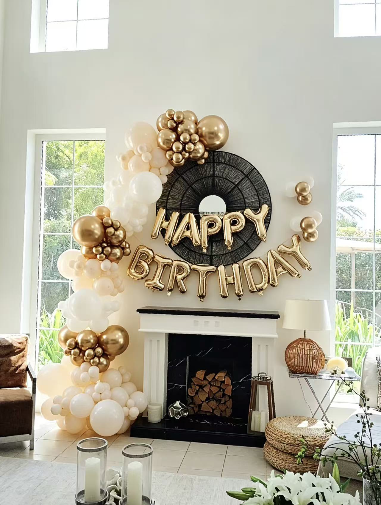 Customizable Balloon Arch White, Beige and Light Gold with Light Gold Banner