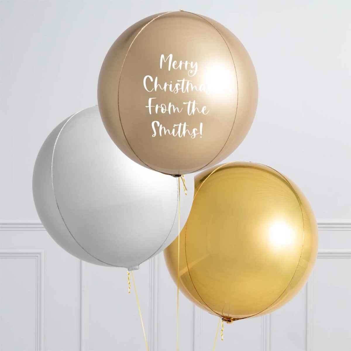 Personalised Helium Balloon Blue, White and Gold - Metallic Christmas Balloons with Customizable Sticker