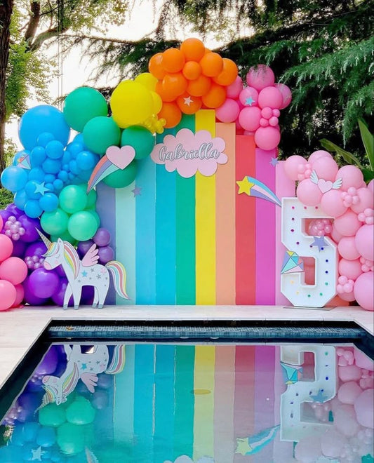 Full Set Customizable Board Backdrop with Balloons Pink, Orange, Yellow, Green and Purple with Unicorn Standee and LED Marquee Number ‘5’ Setup - Perfect for special occasions