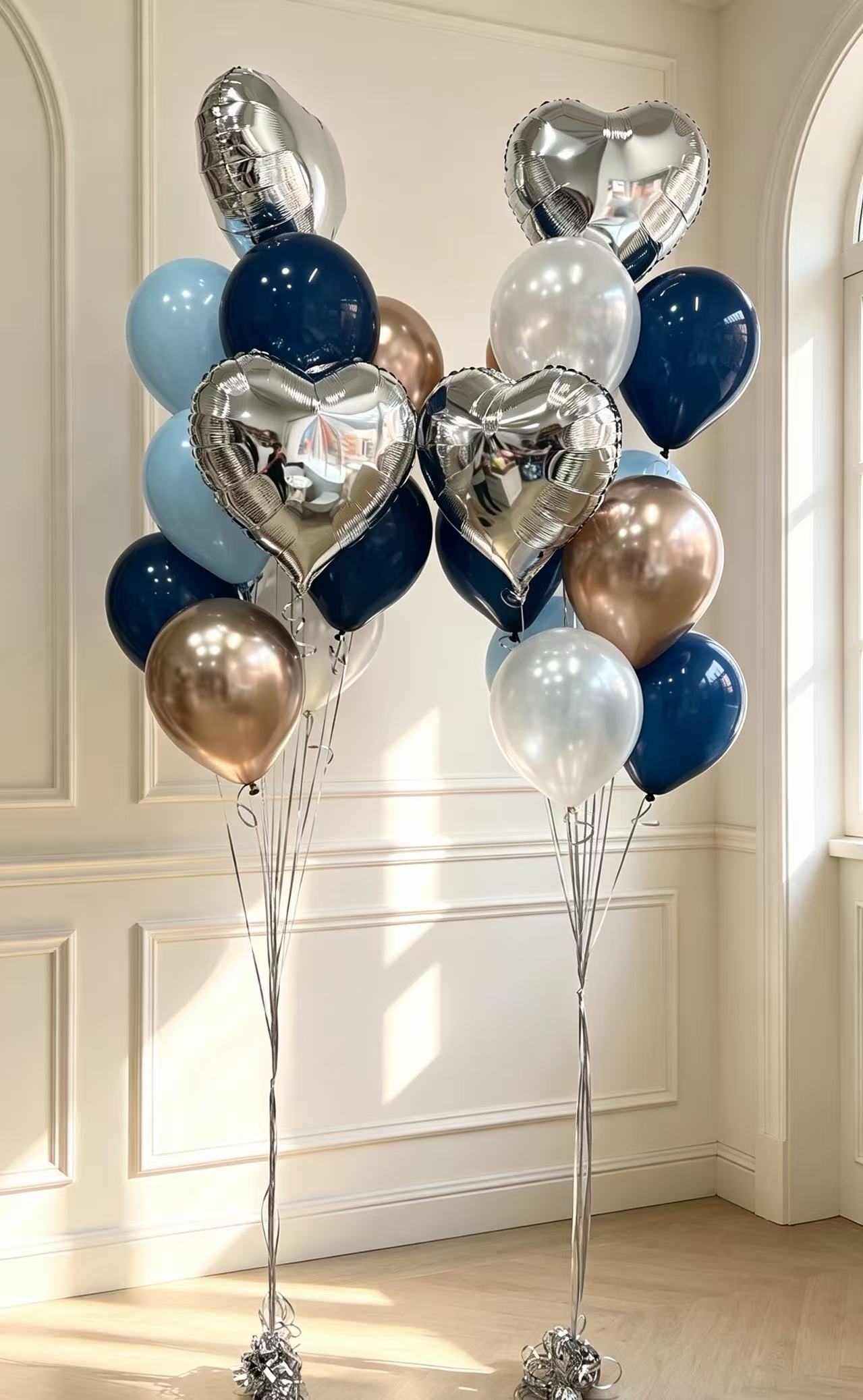 18pcs Navy Blue Light Blue Pearl White Champagne Latex with 4pcs Silver Heart-Shaped Helium Foil Balloons Bunch - Valentine's, Anniversary Perfect for special occasions!