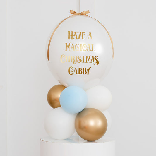 Personalised Christmas White, Blue and Gold Balloon on Stand with Customizable Sticker and Ribbon Accents - Gold, White and Blue Colors