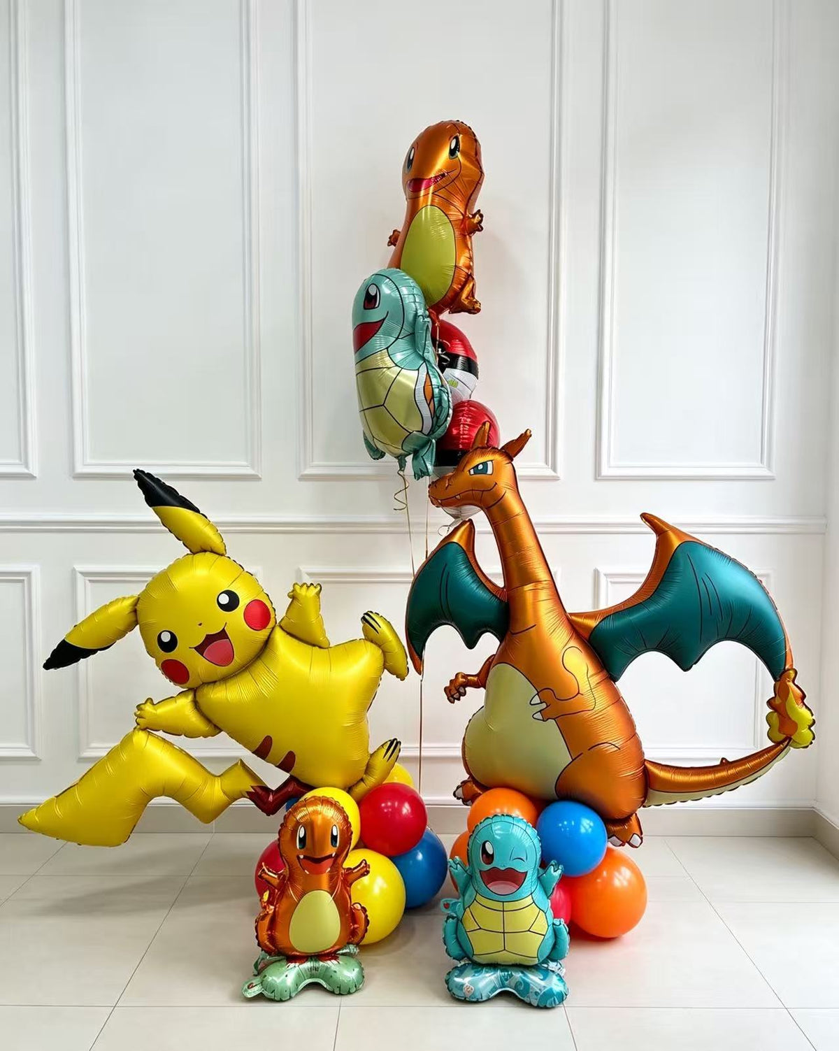 Balloon on Stand Pikachu Charizard Balloon Red Yellow Orange Blue with Self-Standing Squirtle Charmander and Helium Bunch of Squirtle Charmander 2pcs Pokeball - Pokemon Theme