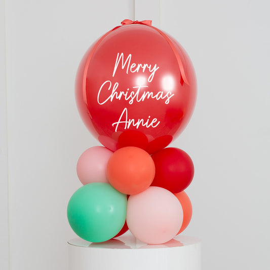 Personalised Christmas Red, Pink, Orange and Green Balloon on Stand with Customizable Sticker and Ribbon Accents - Red, Pink, Green and Orange Colors