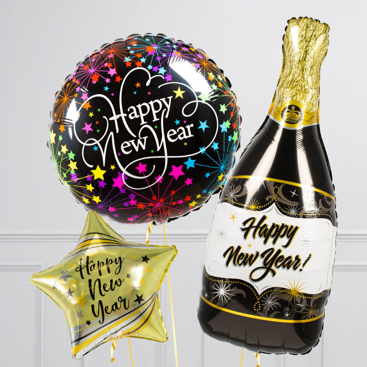 Gold, White and Black New Year's Eve Balloon Set - Champagne Bottle, Star and Circle Balloons, and 'Happy New Year' Designs