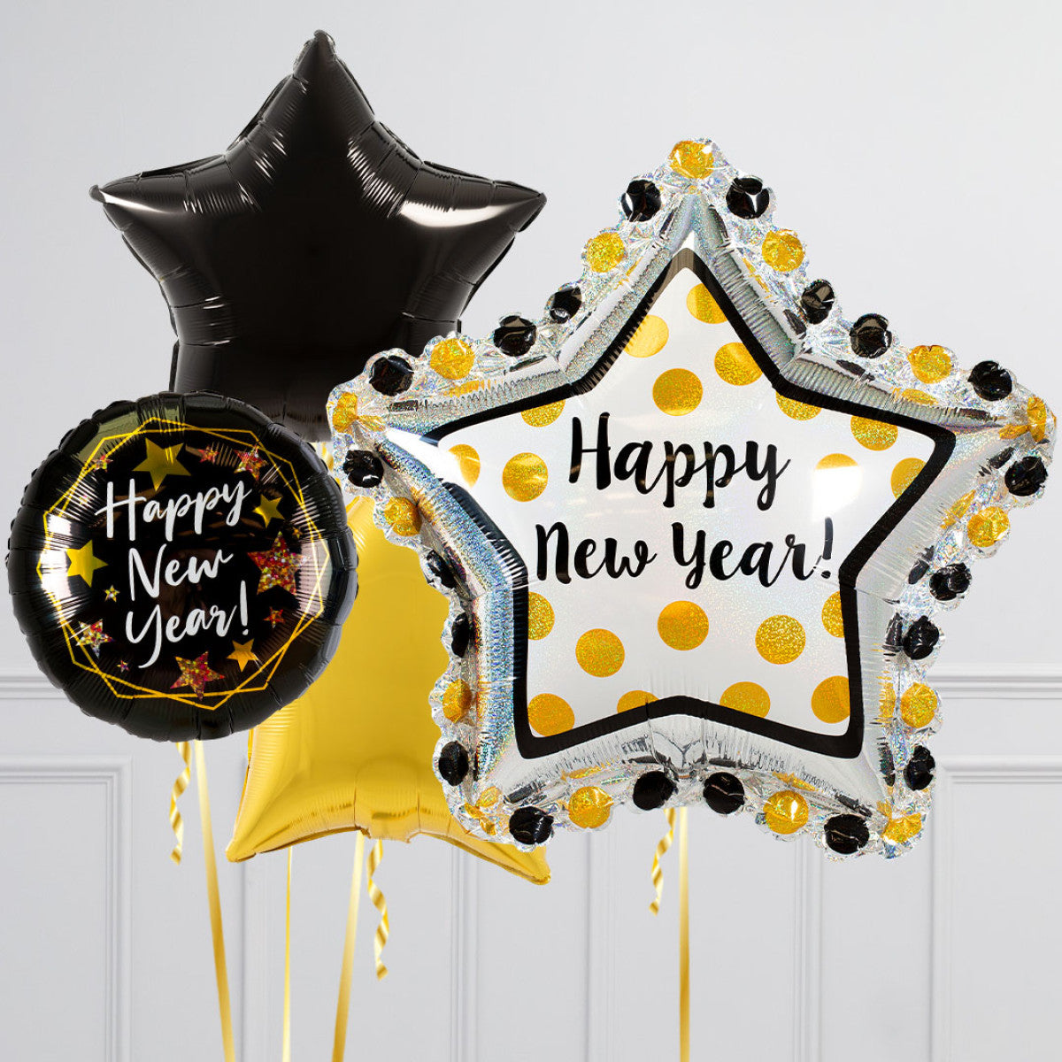 Black, Gold and Black New Year's Eve Balloon Set - Star and Circle Balloons, and 'Happy New Year' Designs