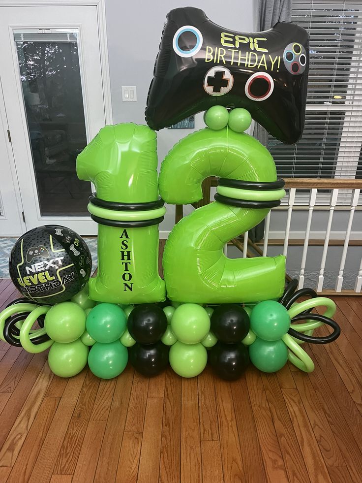 Green Number Platform ‘12’ with Green and Black with Customize Sticker and Game Controller Foil Balloon – Customizable Design