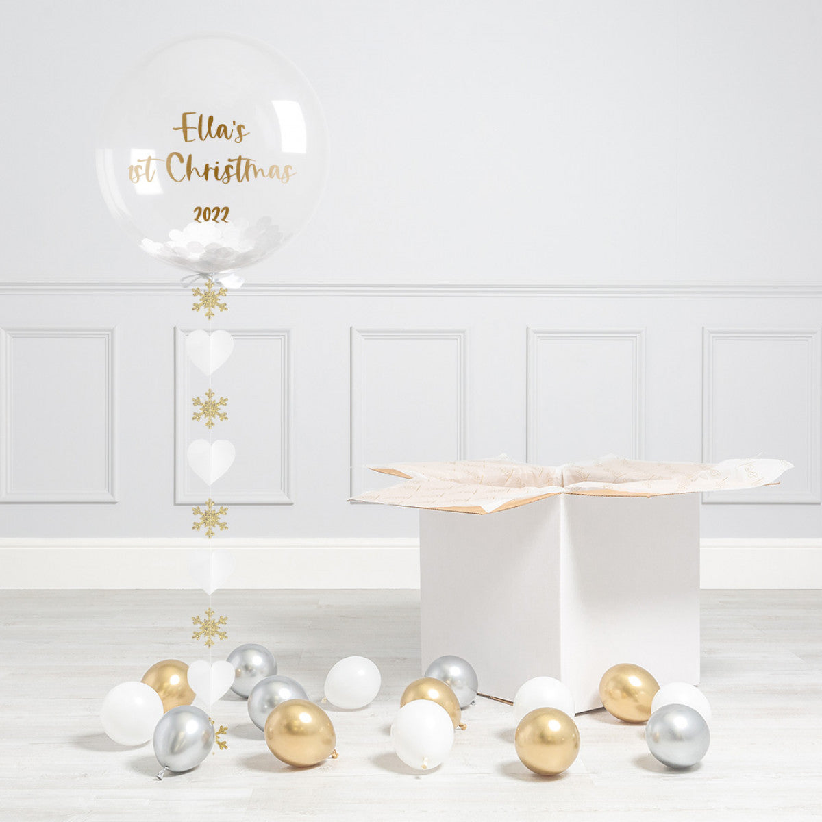 Clear with Confetti Personalised Helium Balloon and Mini White, Gold and Silver Balloons - Perfect for Christmas Celebration with Customizable Sticker