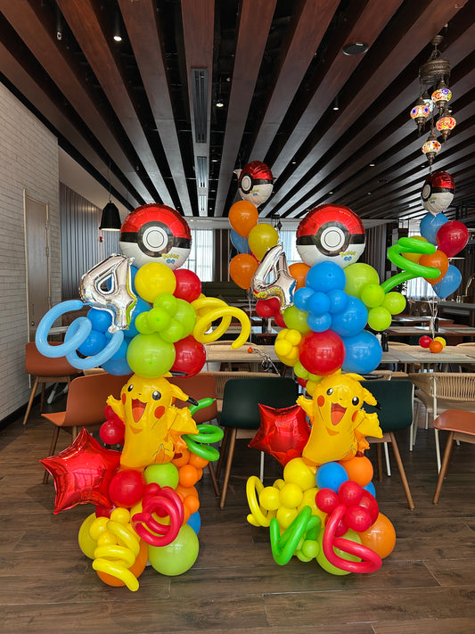 Personalised Customizable Pokemon-Themed Pillar/Column/Tower Balloons Green, Red, Orange, Blue and Yellow with Pikachu, Pokeball, Red Star and Silver Number ‘4’ and Twisted 260q accents– Perfect for Any Elegant Celebrations