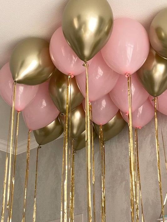 Latex Helium Ceiling Pink, White and Light Gold with Gold Strings - Perfect for Special Occasions!