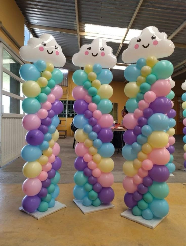 Balloon Blue, Yellow, Purple, Green and Pink with Cloud on Top Pillar/Column/Tower - Birthday, Corporate Event, Grand Opening, Company Event Perfect for special occasion!